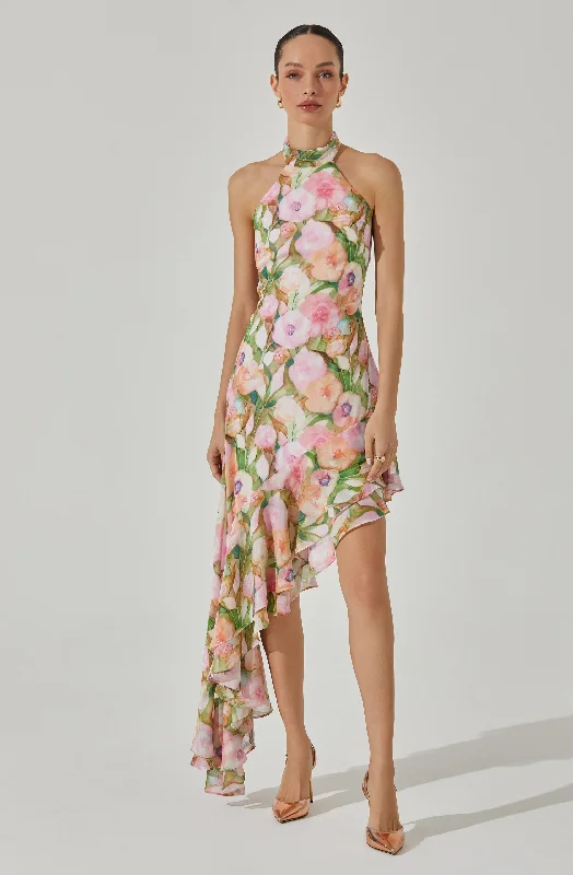 Asymmetric Floral Halter Midi Dress