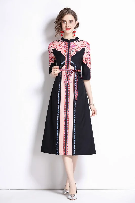 Black & Pink A-line Crewneck Elbow Sleeve Midi Printed Dress