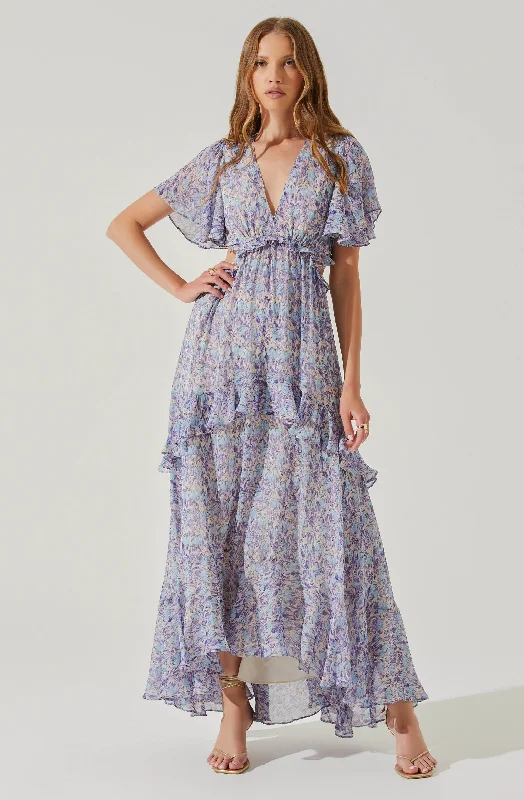 Cherli Floral Lace Up Tiered Ruffle Midi Dress