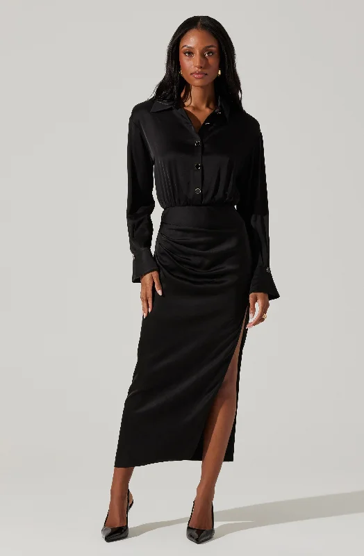 Elizabello Satin Midi Shirt Dress