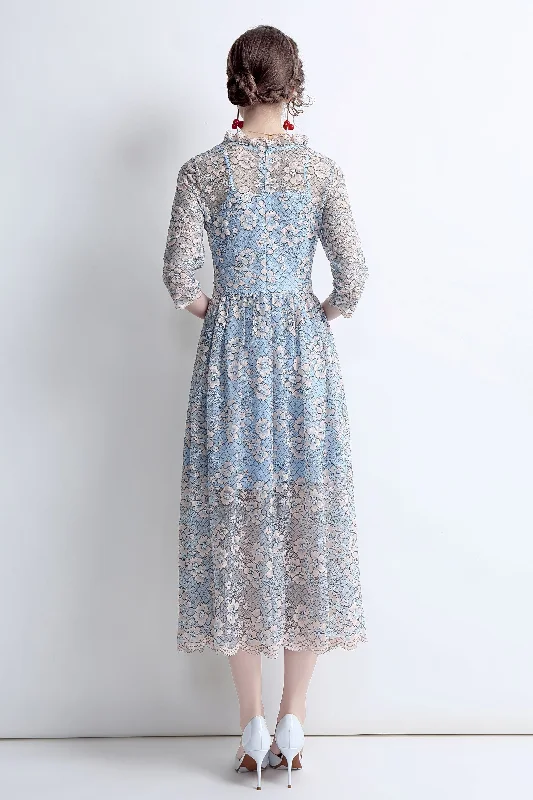 Pale blue Evening Lace A-line Crewneck Elbow Sleeve Midi Floral Dress