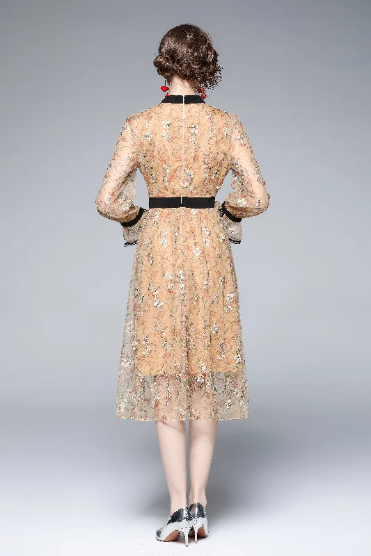 Pale orange Evening Lace Ruffled A-line Crewneck Long Sleeve Midi Dress