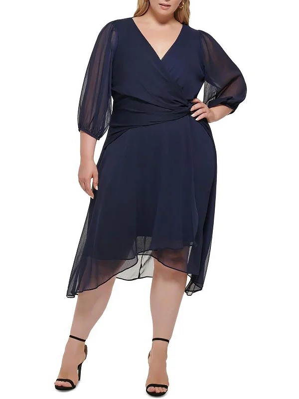 Plus Womens Surplice Midi Fit & Flare Dress