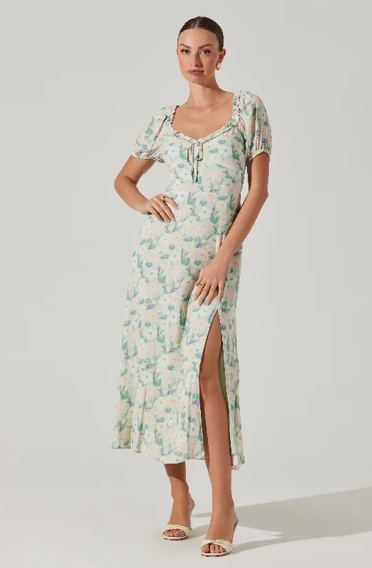 Puff Sleeve Floral Midi Dress