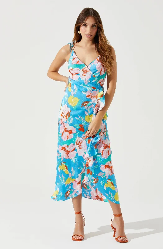 Satin Front Tie Wrap Floral Midi Dress