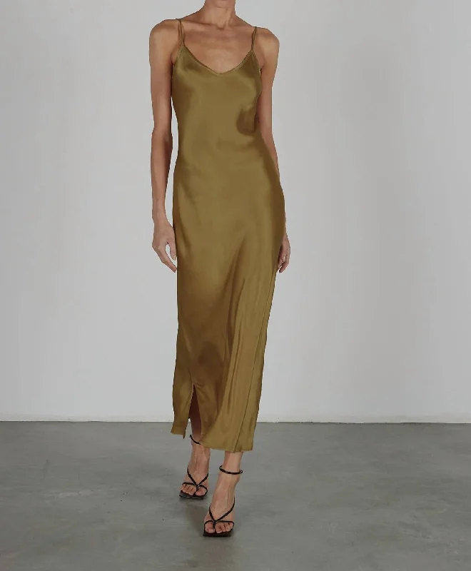 Solid Bias Cut Satin Dress In Fatigue