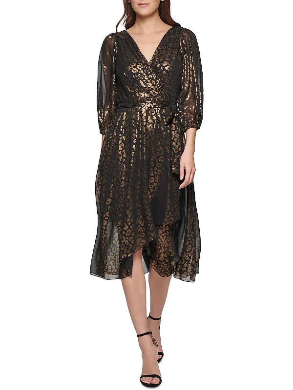 Womens Metallic Midi Wrap Dress