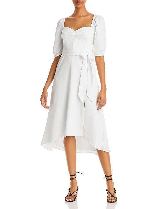 Womens Puff Sleeve A-Line Midi Dress