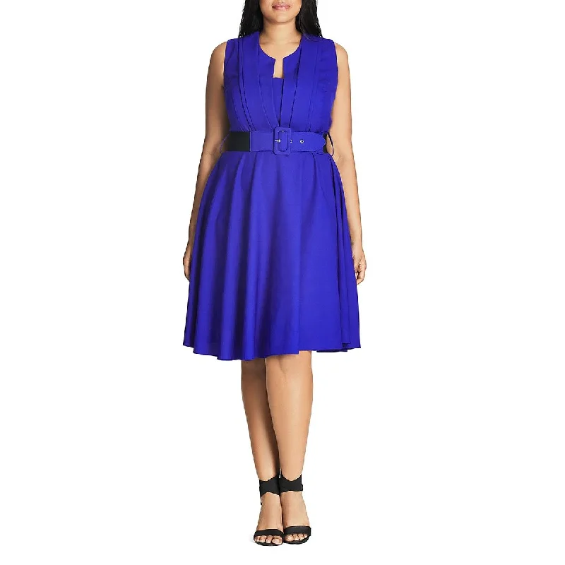 City Chic Womens Pleat-Front Belted Casual Dress