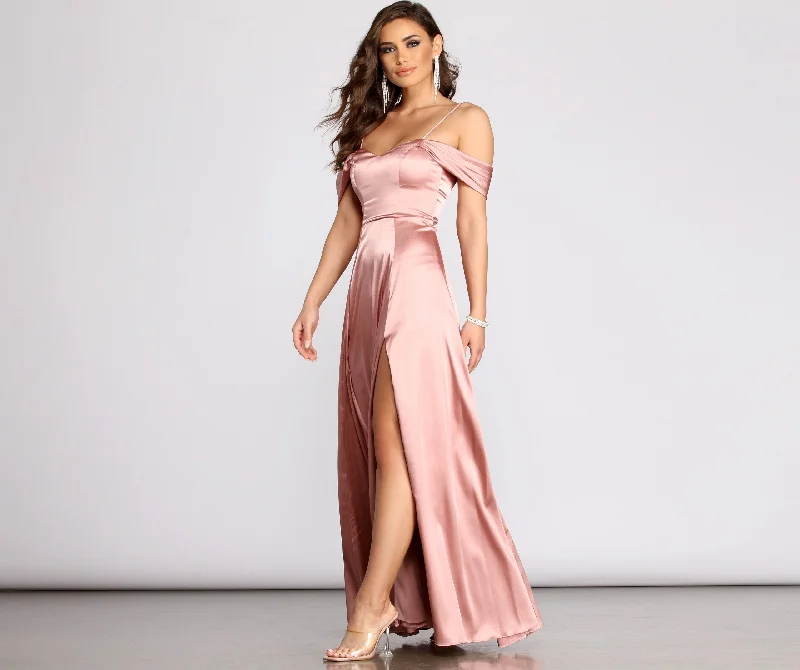 Cassia Lace-Up Back Charming Off Shoulder Satin Dress