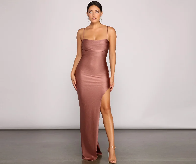 Darla Formal High Charming Slit Satin Dress