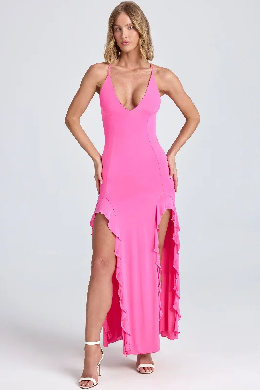 Ruched Ruffle-Trim Maxi Dress in Lollipop Pink