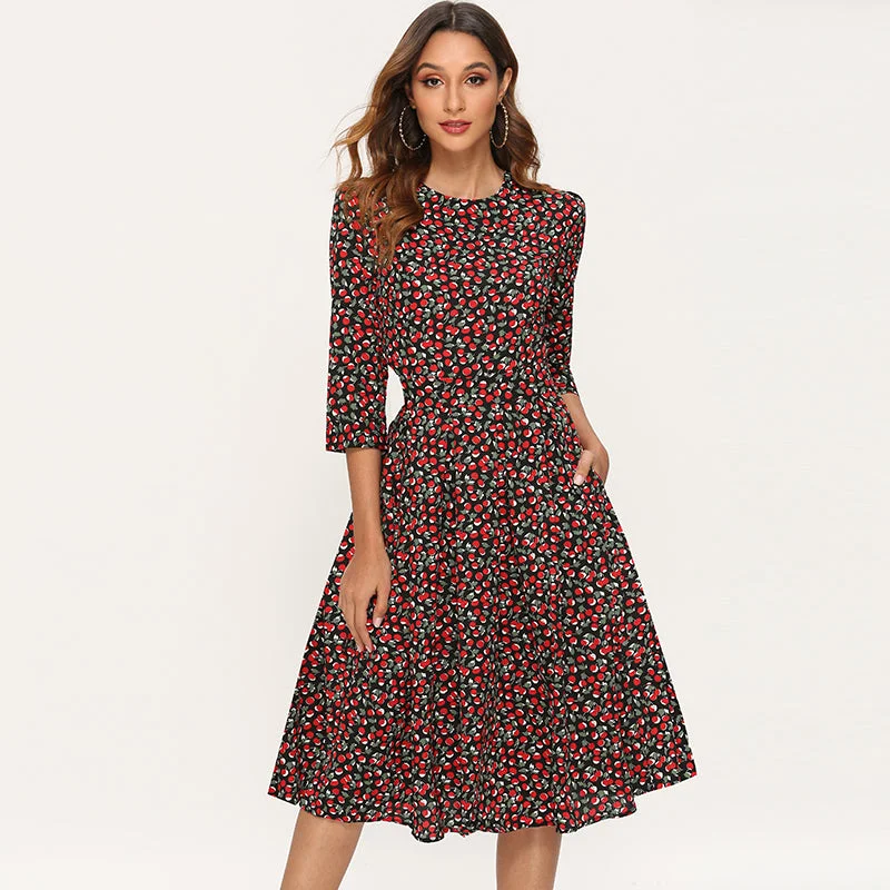 Elegant Dresses Women 2019 Vintage Floral Print A Line Party Dress Autumn Three Quarter Sleeve O-neck Midi Dress Robe Femme