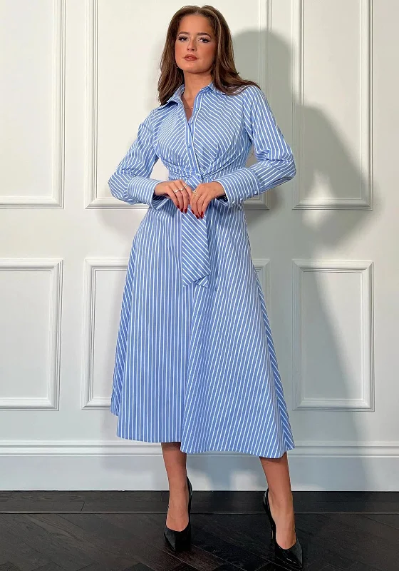 Girl In Mind Isabella Pinstripe Tie Front Midi Shirt Dress, Blue