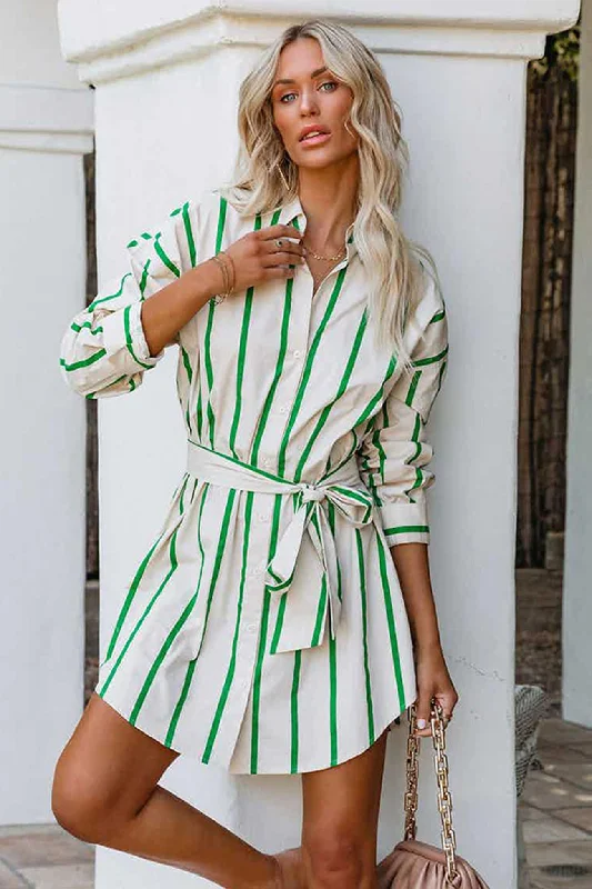 Green Striped Print Lace-up Shirt Dress