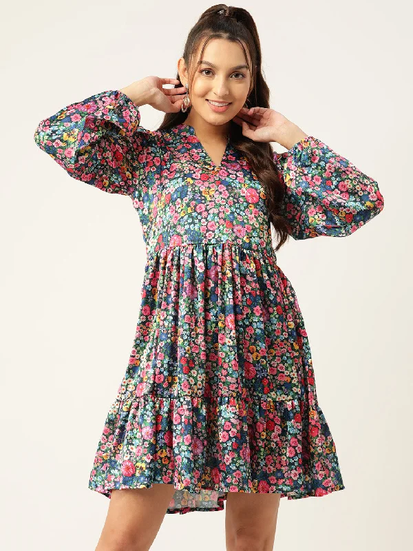 Jainish Women's Blue & Pink Floral Printed Puff Sleeves Tiered Satin Dress