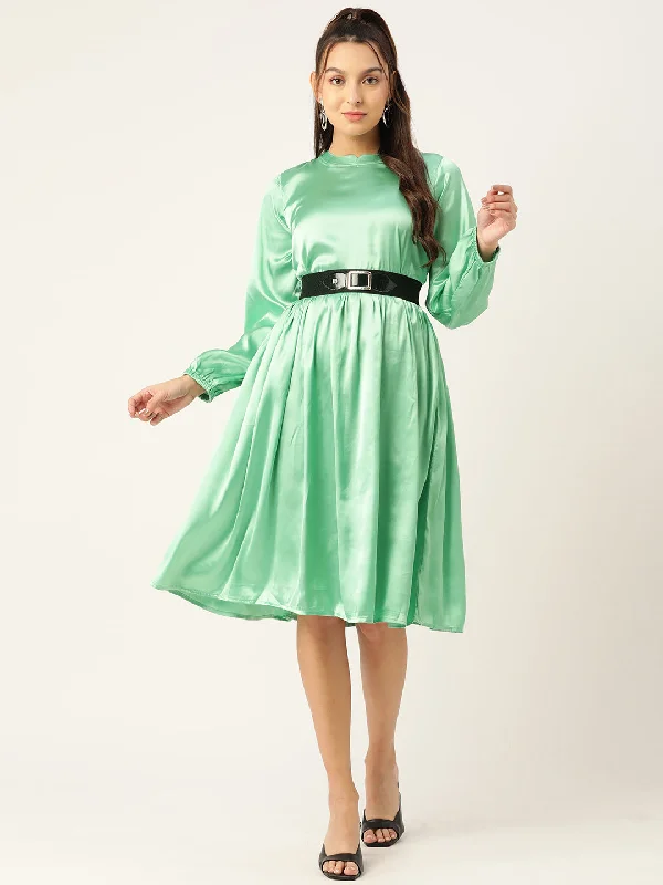 Jainish Women's Green-Coloured Satin Dress with Belt