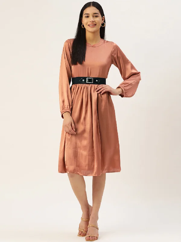 Jainish Women's Peach-Coloured Satin Dress with Belt