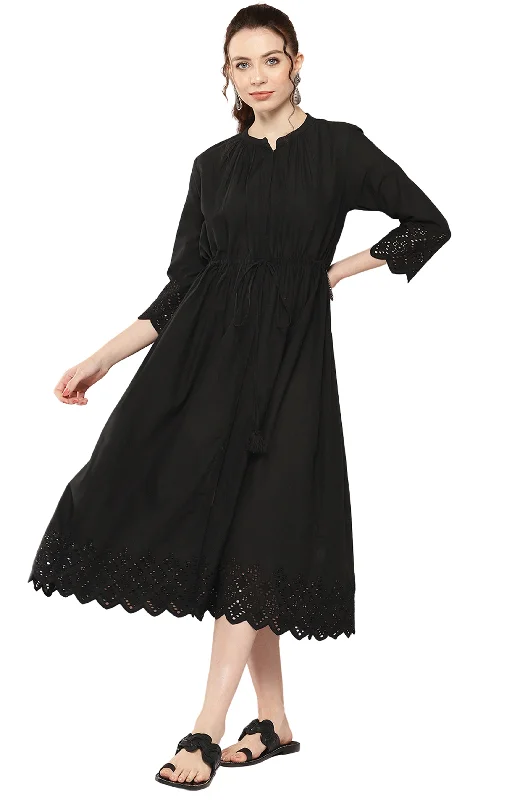 Janasya Black Cotton Solid Flared Casual Dress