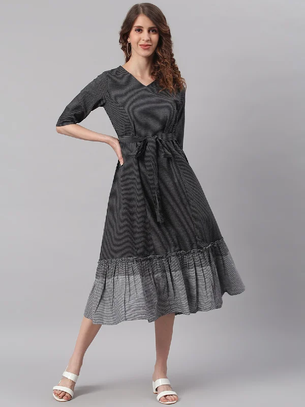 Janasya Black Cotton Striped Flared Casual Dress