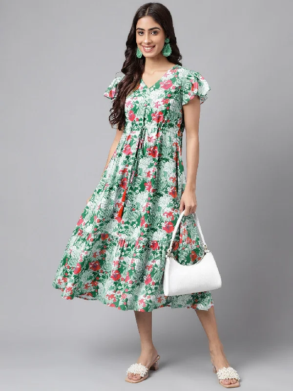 Janasya Green Moss Digital Floral Printed A-line Casual Dress