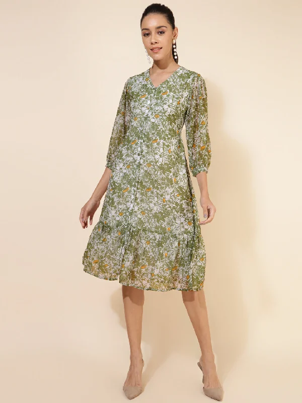 Janasya Olive Georgette Floral Printed A-Line Casual Dress