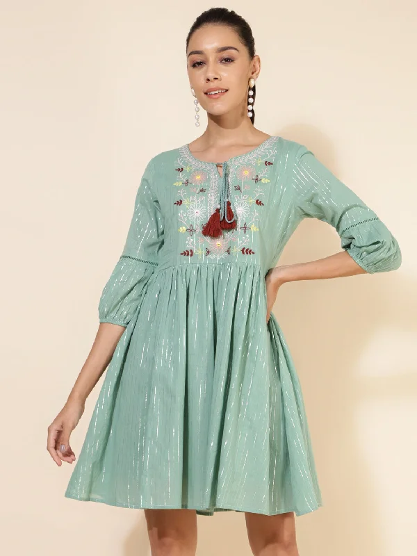 Janasya Women's Green Cotton Yoke Embroidery Casual Dress