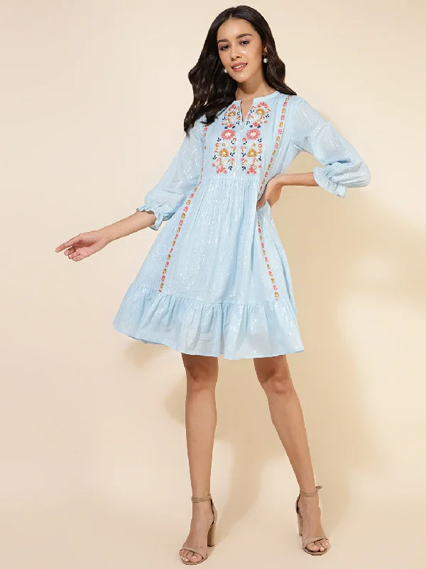 Janasya Women's Sky Blue Cotton Embroidery Casual Dress