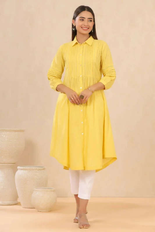 Juniper Womens Blush Yellow Cotton Slub Solid Mid Length Shirt Dress With Lace Detailing