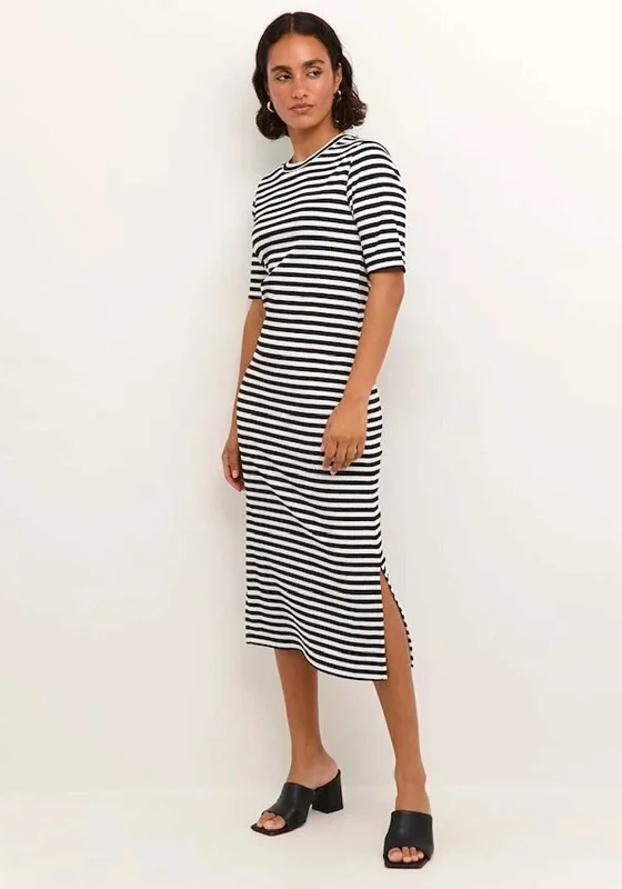 Kaffe Amanda Stripe Midi T-Shirt Dress, Black & Chalk