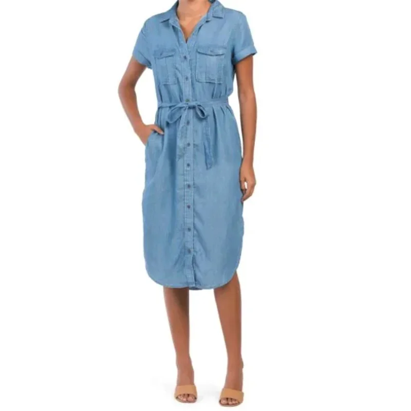 Lucky Brand Chambray Short Sleeve Curved Tail Hem Denim Midi Shirt Dress