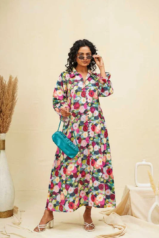 Multicoloured Floral Kaftan Style Shirt Dress