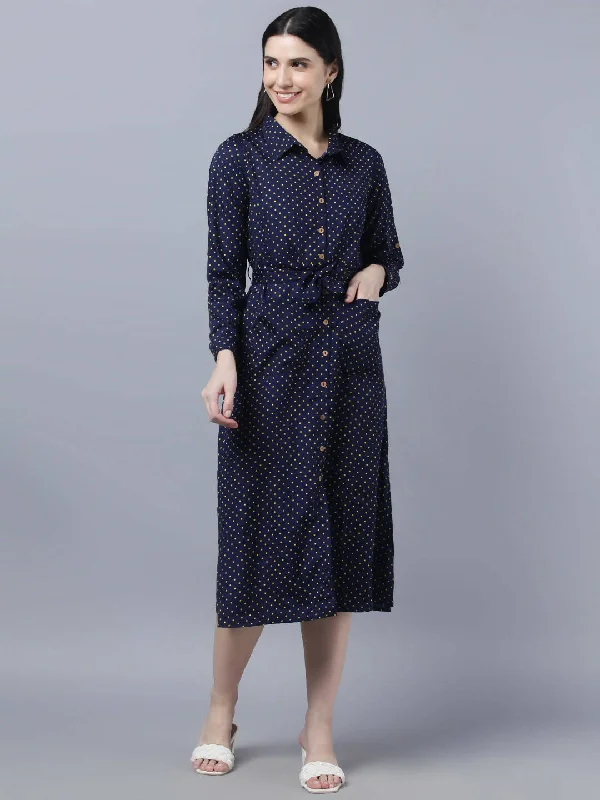 Myshka Women Navy Blue Yellow Printed Shirt Dress