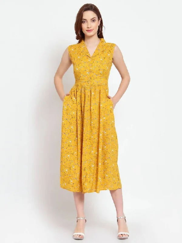 Myshka Women's Mustard Printed Rayon Sleeveless Collar Neck Casual Dress