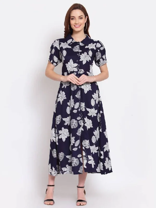 Myshka Women's Navy Blue Printed Cotton Short Sleeve Collar Neck Casual Dress