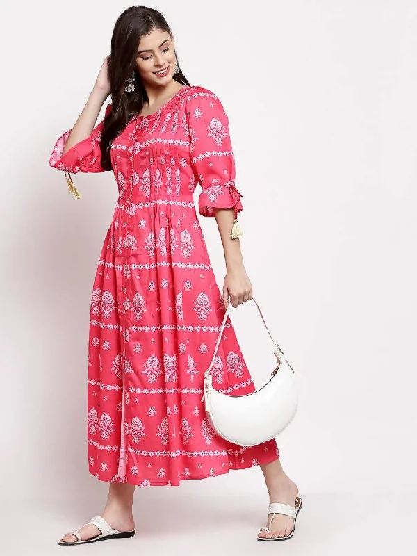 Myshka Women's Pink Cotton Printed 3/4 Sleeve Round Neck Casual Dress