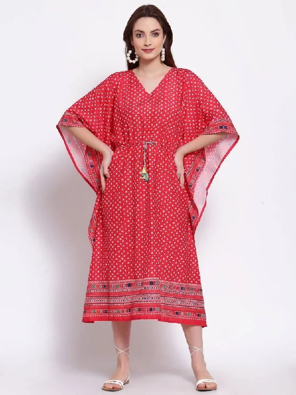 Myshka Women's Red Printed Cotton Blend 3/4 Sleeve V Neck Casual Dress