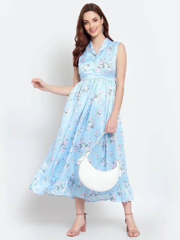 Myshka Women's Sky Blue Printed Cotton Blend Sleeveless Coller Casual Dress