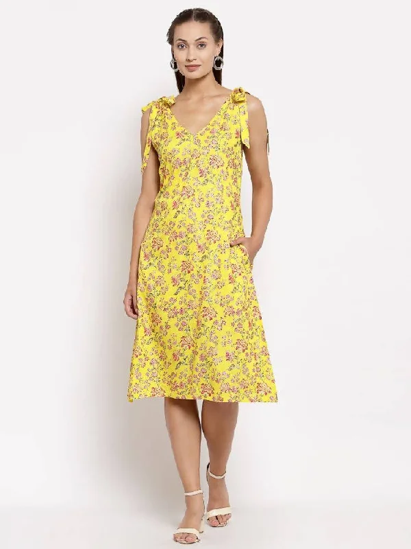 Myshka Women's Yellow Cotton Printed Sleeveless V Neck Casual Dress