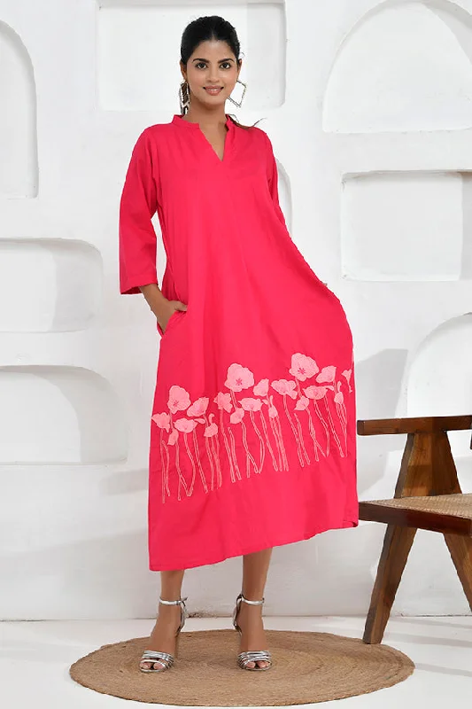 Poppy Embroidery Shirt Dress in Fuchsia Pink