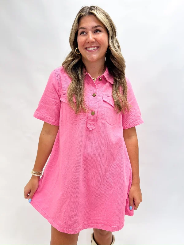 Preppy Pink Denim Shirt Dress