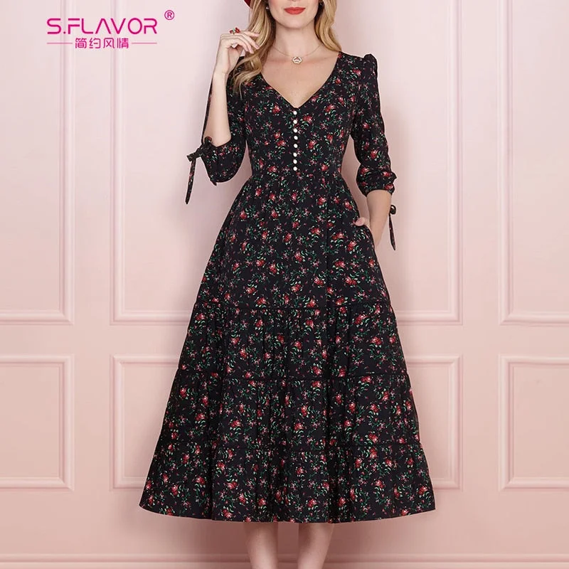 S.FLAVOR Women Vintage Boho Floral Printed Dress Autumn Winter Three Quarter Sleeve V Neck Party Dress Elegant A Line Dress