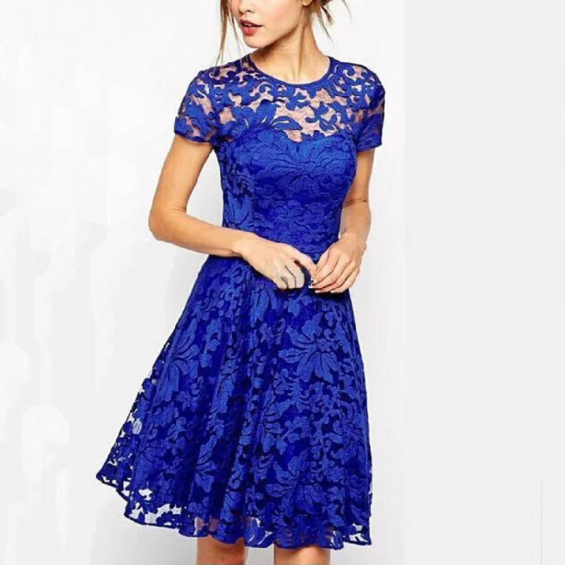 Sexy Print O-Neck Lace Dresses Women Vintage Short Sleeve Hollow Out Summer Dress Female Fashion A-Line Party Dress For Ladies