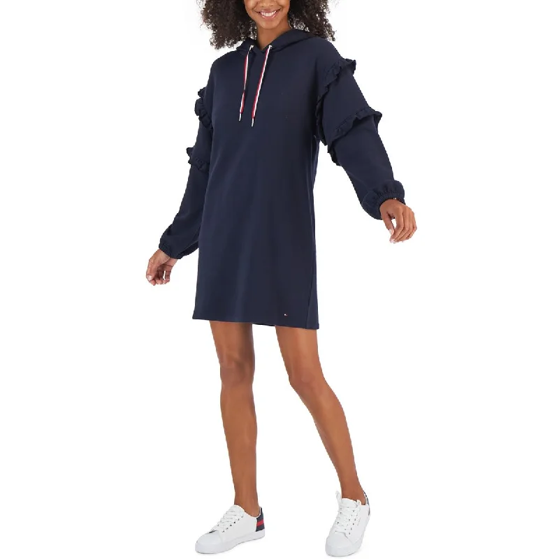 Tommy Hilfiger Womens Hooded Ruffled Sweatshirt Dress