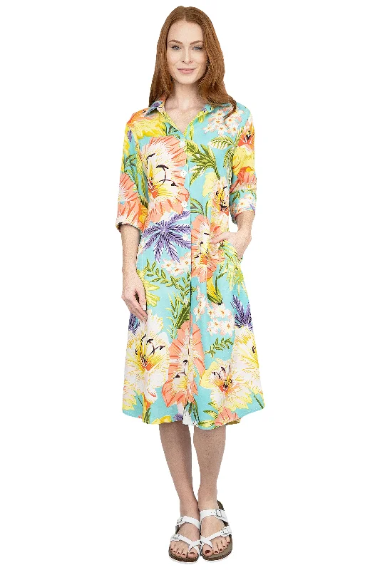 La Cera Tropical Floral Printed Button-Down Shirt Dress