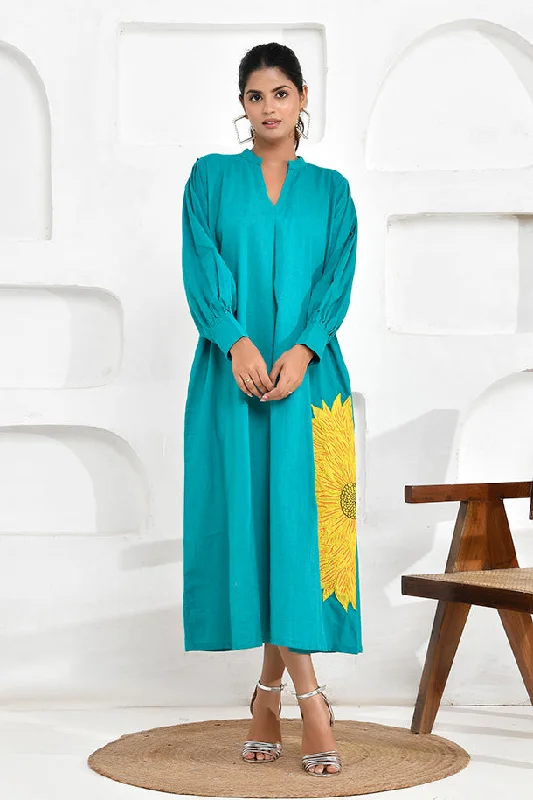 Turquoise Sunflower Embroidery Shirt Dress