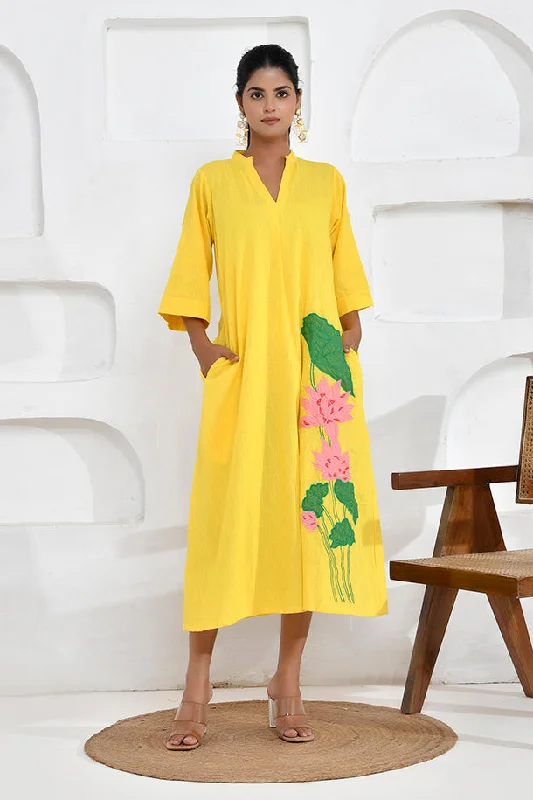 Yellow Lotus Embroidery Shirt Dress