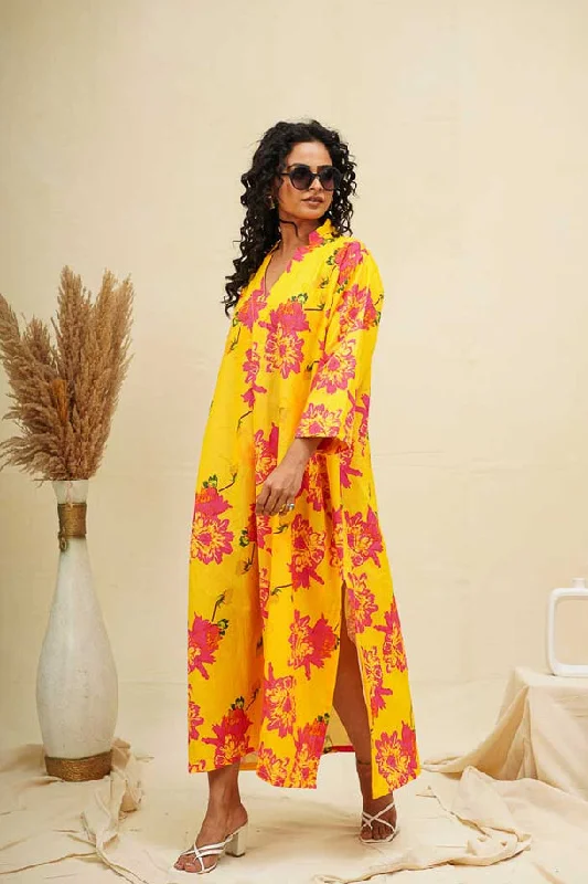 Yellow Pink Kaftan Style Shirt Dress