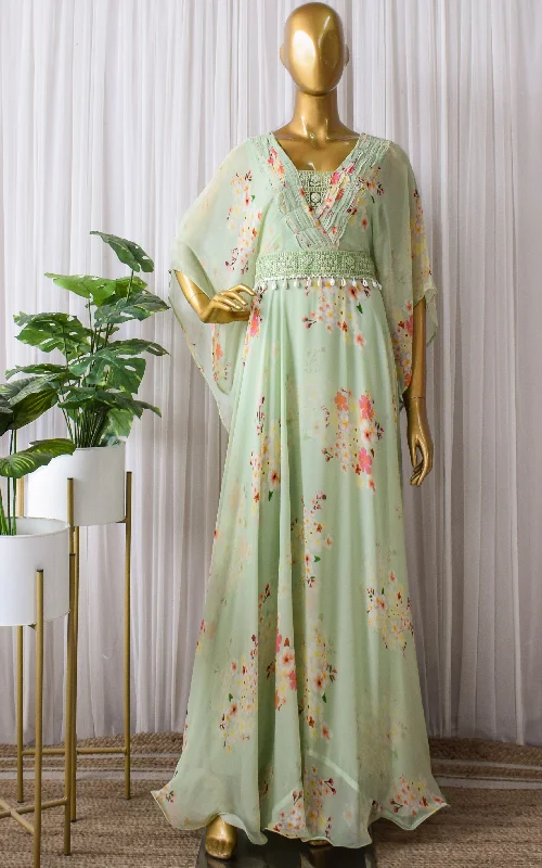 Sage Green Printed Georgette Floral Dress With Mirrorwork Belt