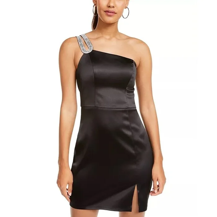 Sequin Hearts Junior's Embellished One Shoulder Satin Dress Black Size 5